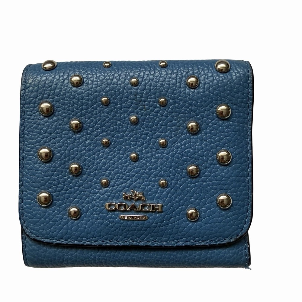COACH Small Pebbled‎ Leather Trifold Wallet with Ombre Rivets in Blue